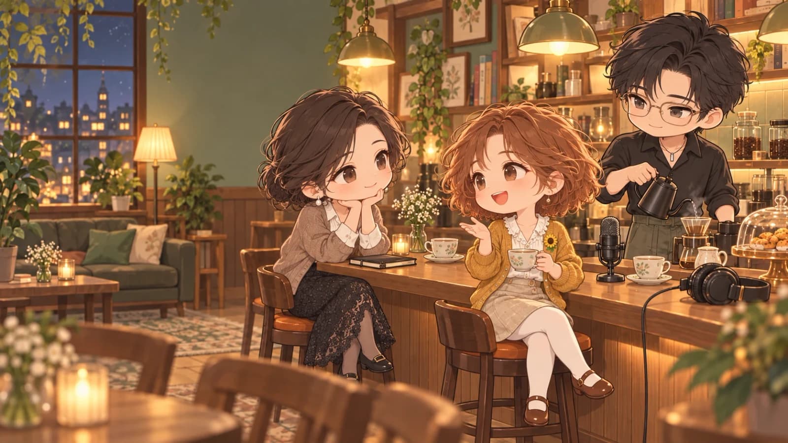 知遥 小满和砚舟在咖啡店的原创 Q版合影