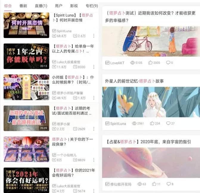 2020 年报道中的 B 站塔罗搜索截图